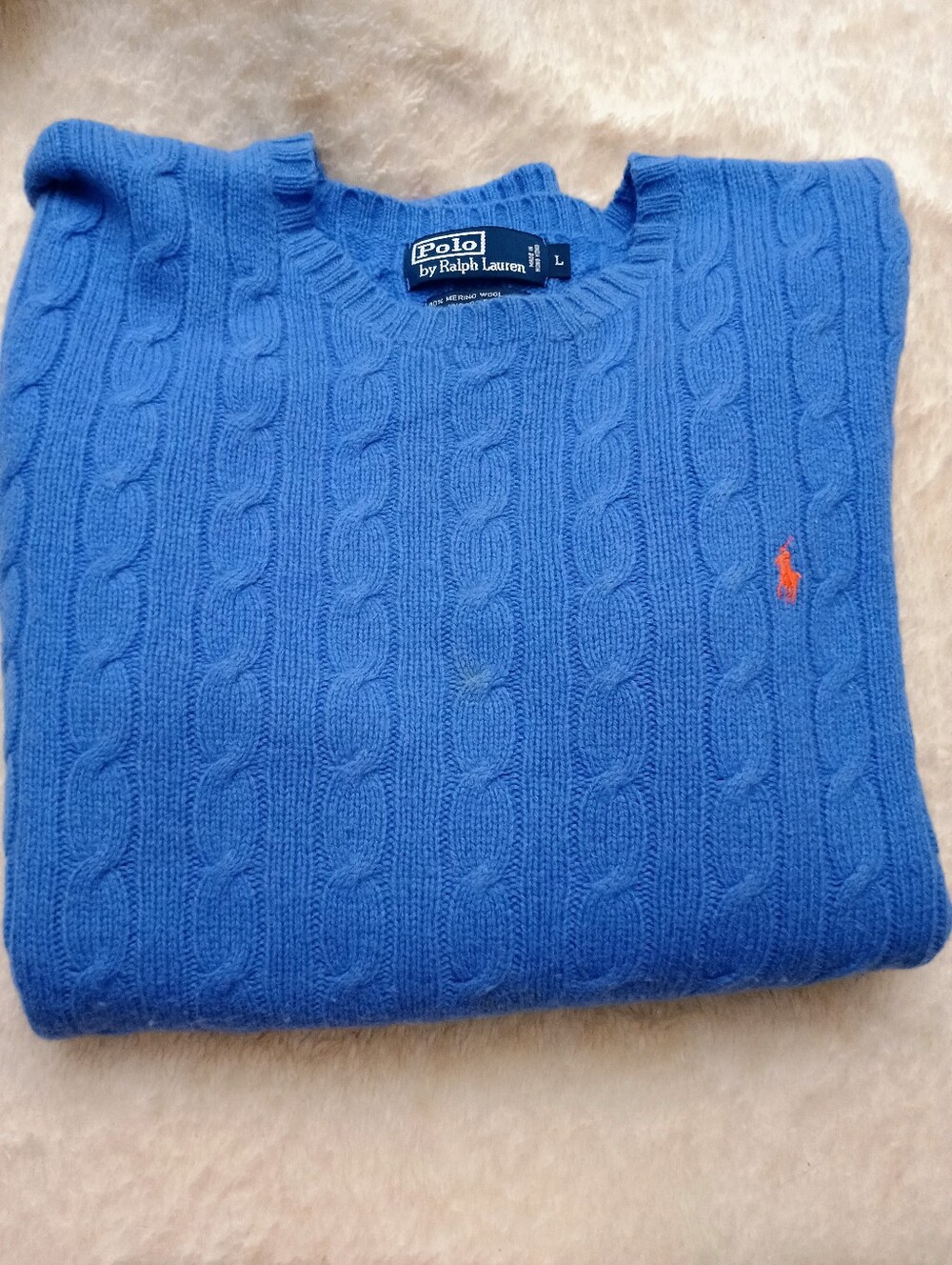 Polo Ralph Lauren Vintage Men's Blue Cable Knit Merino Wool Sweater L